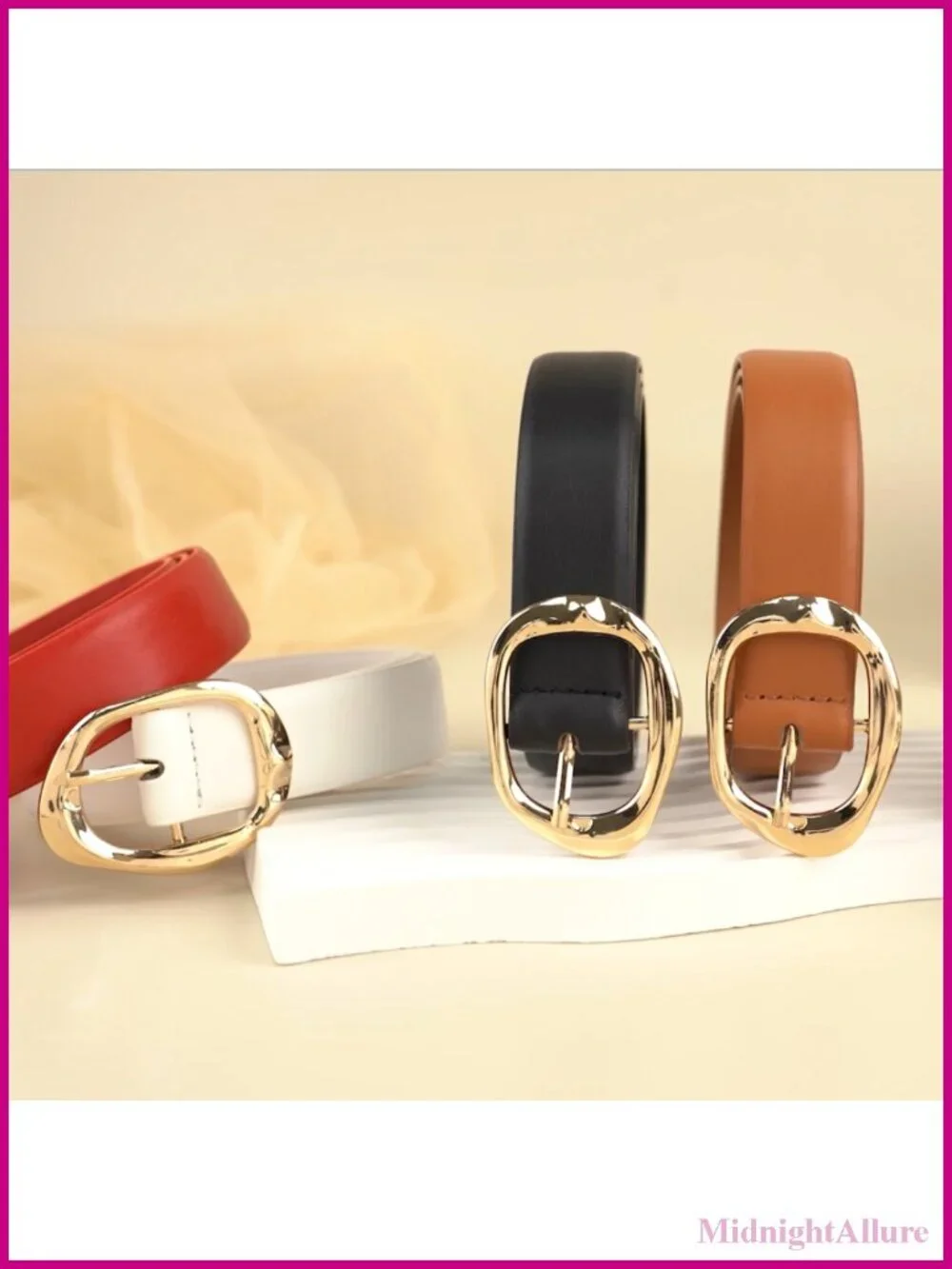Faux Leather Belt with Gold Buckle for Women, Adjustable Waist Belt for Jeans